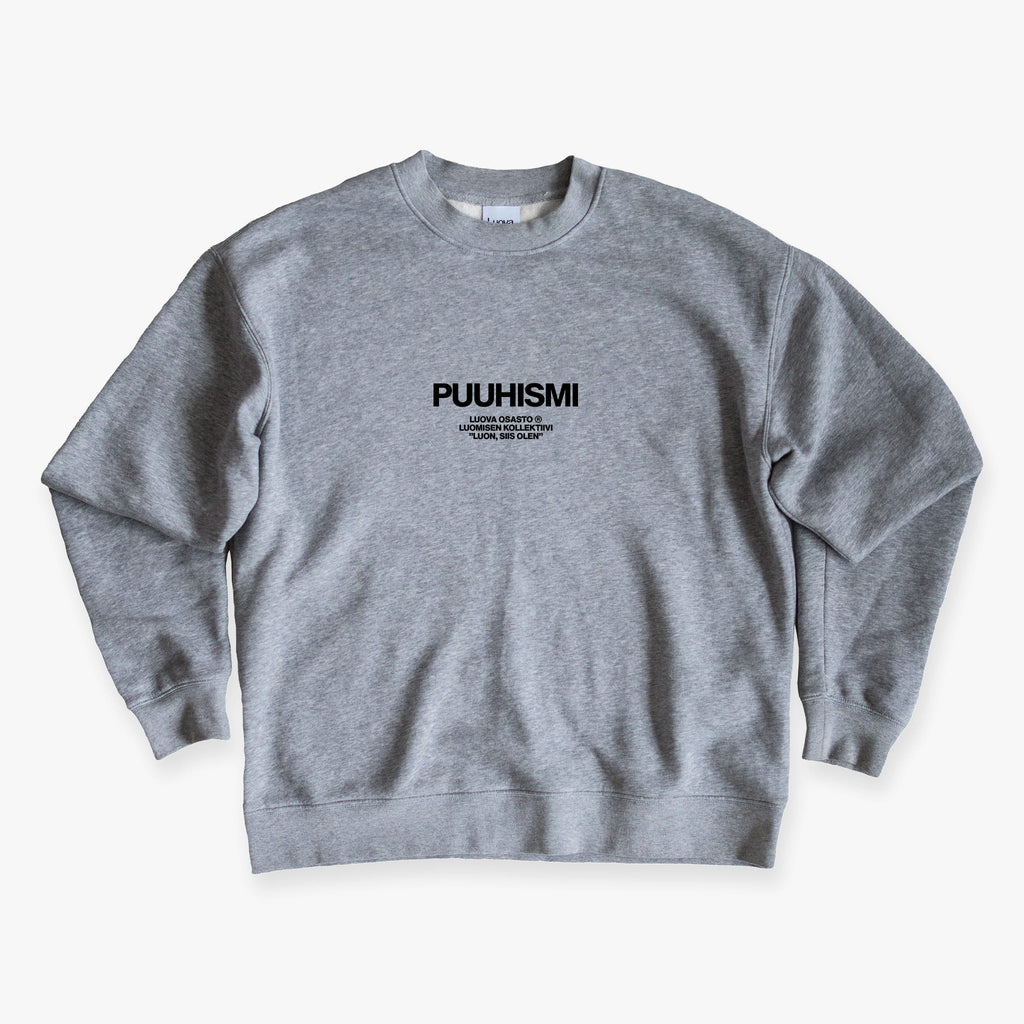 "Puuhismi" collegepaita – Harmaa+Musta