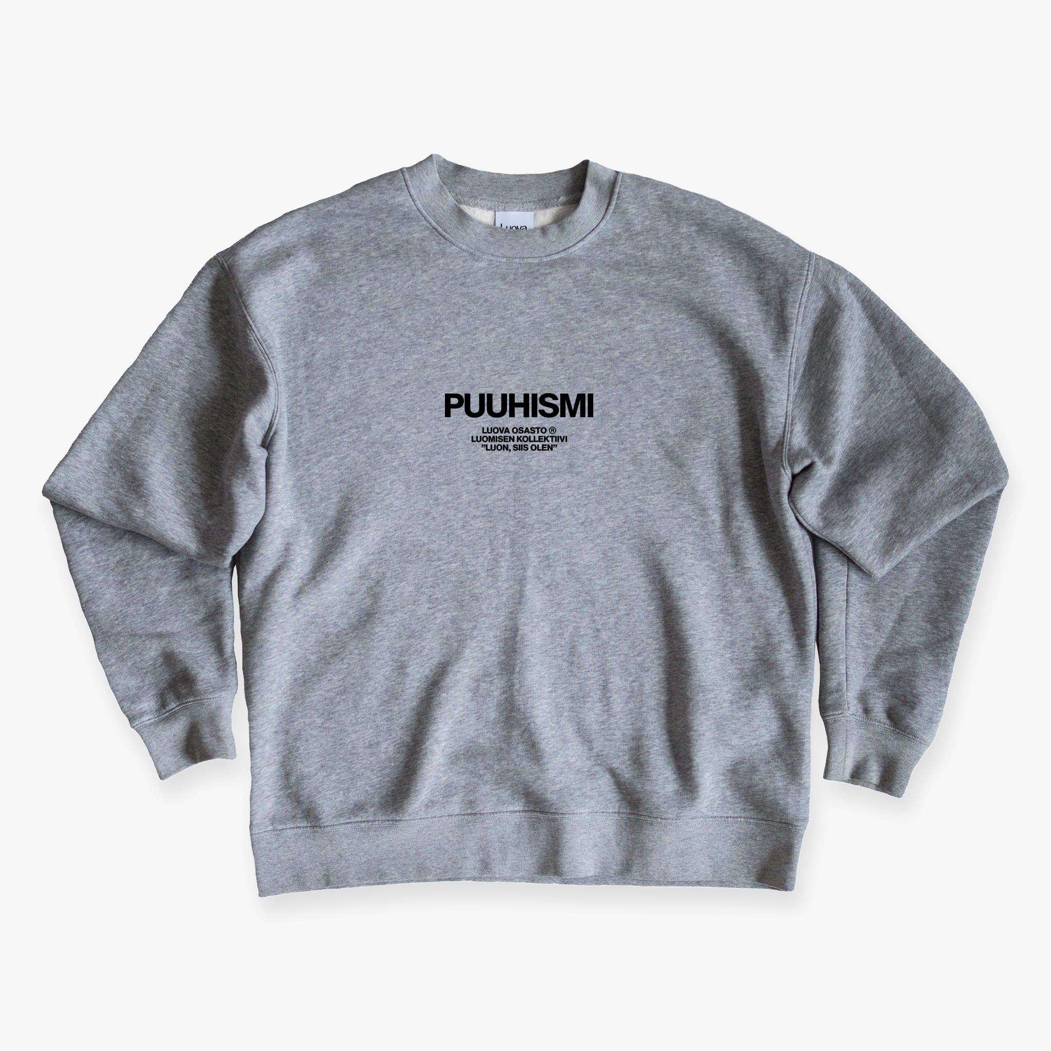 "Puuhismi" collegepaita – Harmaa+Musta