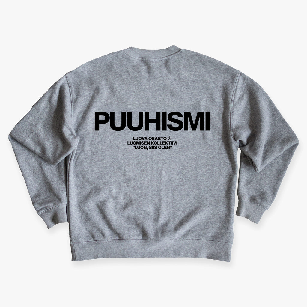 "Puuhismi" collegepaita – Harmaa+Musta