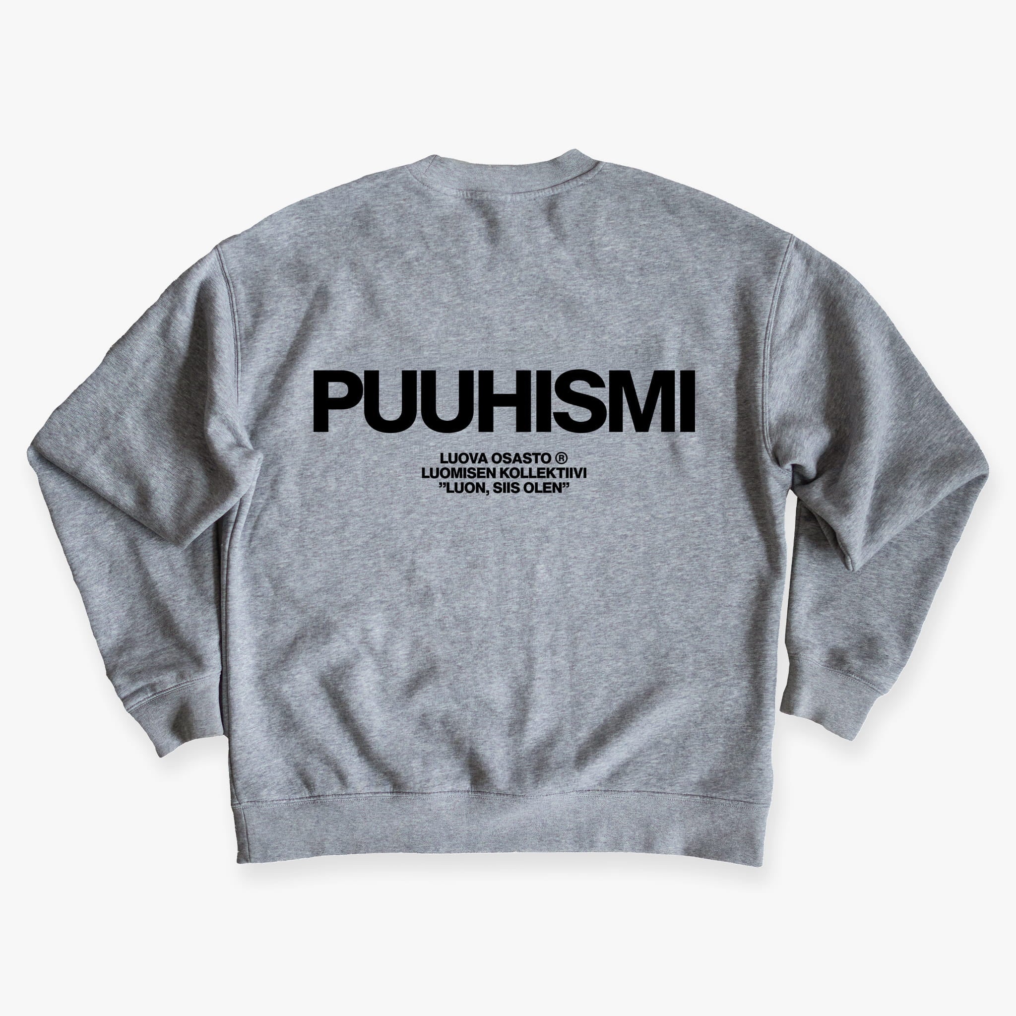 "Puuhismi" collegepaita – Harmaa+Musta