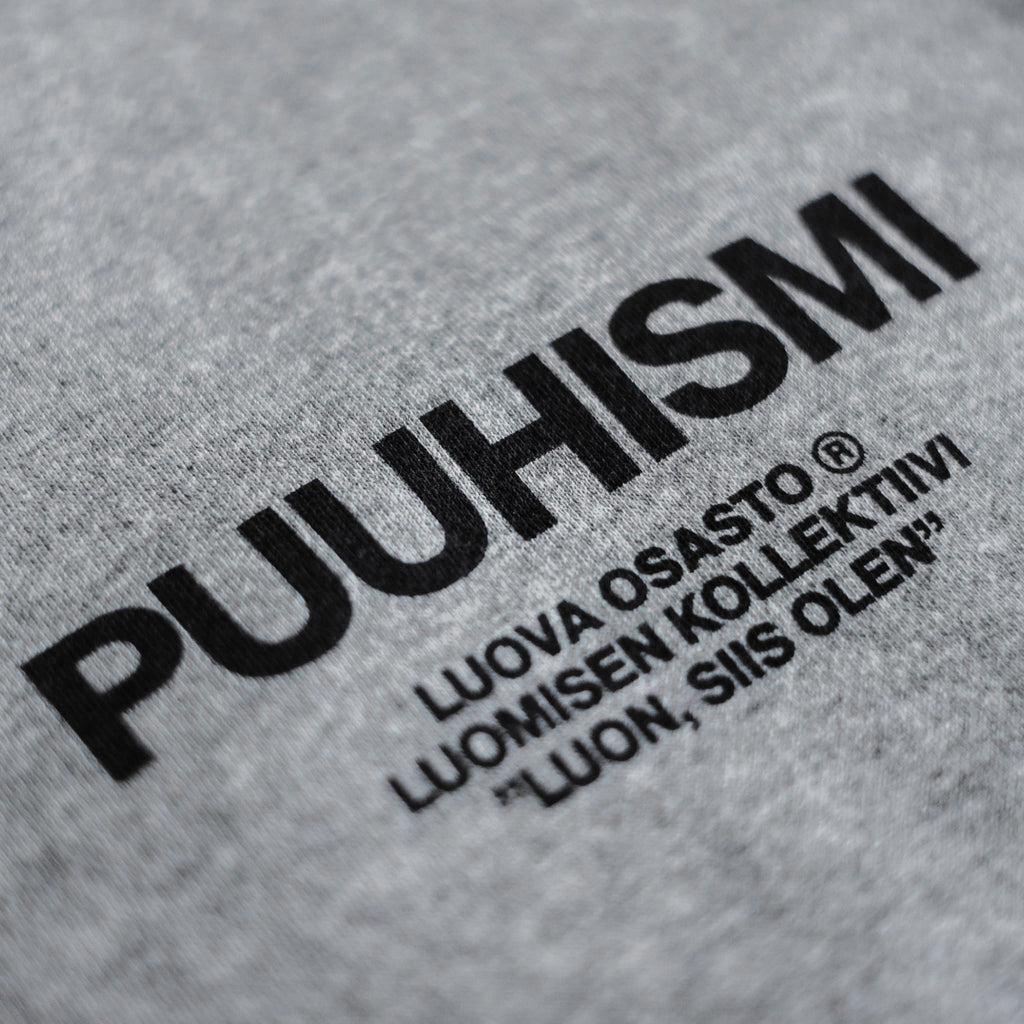 "Puuhismi" collegepaita – Harmaa+Musta